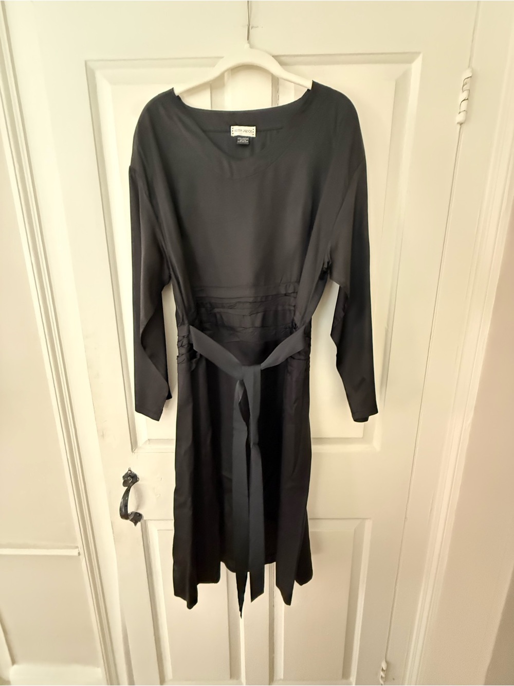 Krista Larsen Black Long-Sleeve Midi Dress with Waist Tie
